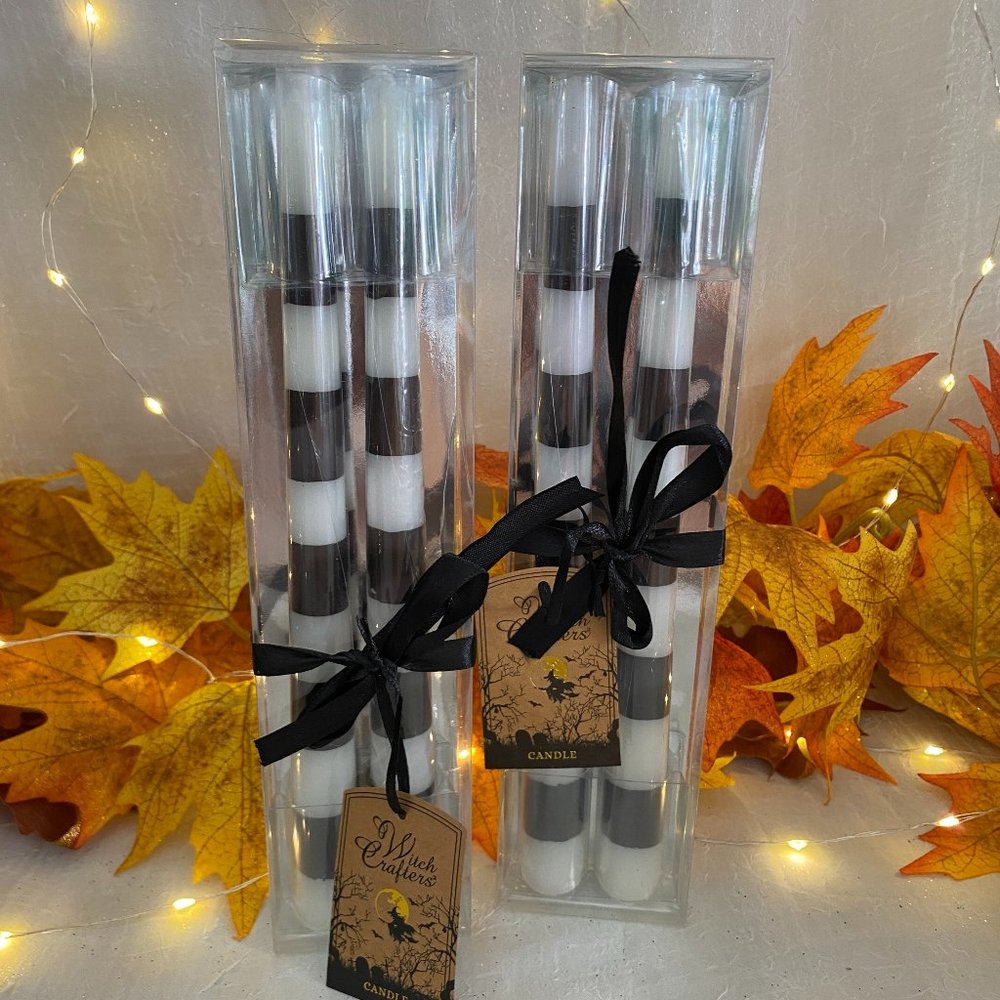Witch Craft Black White Stripe Halloween Tapers Candles 10" set of 4 New